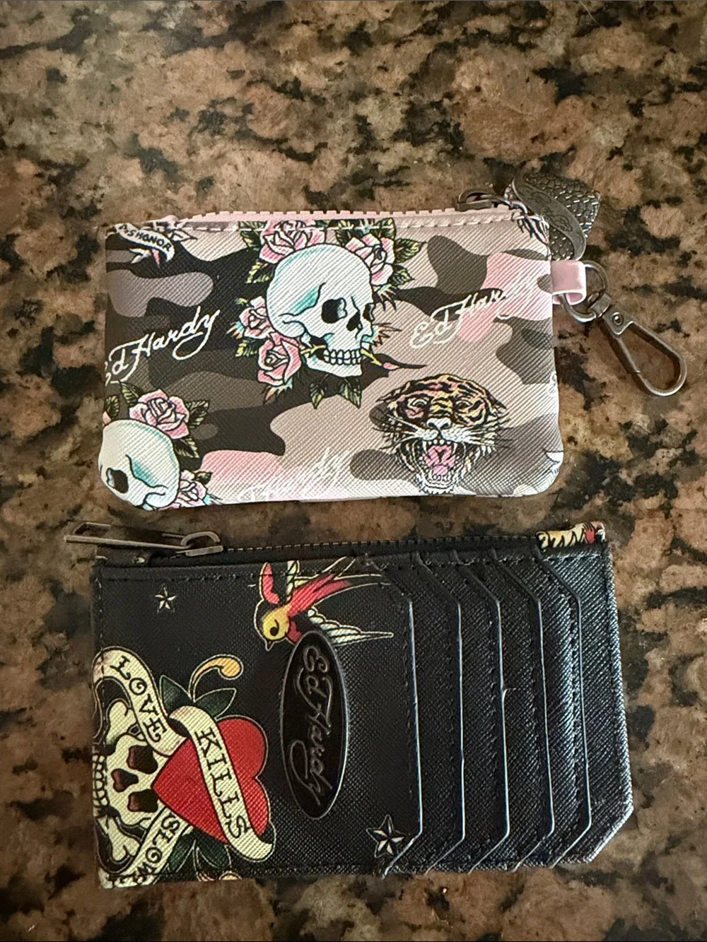 Ed Hardy Pink Camo Skull Zip Pouch with Black Tattoo Cardholder